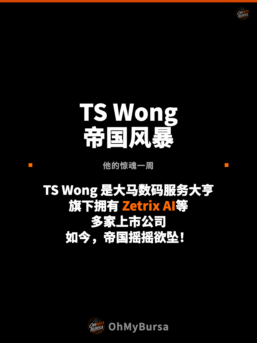 TS Wong 帝国风暴 他的惊魂一周 TS Wong 是大马数码服务大亨 旗下拥有 Zetrix AI等 多家上市公司 如今，帝国摇摇欲坠！