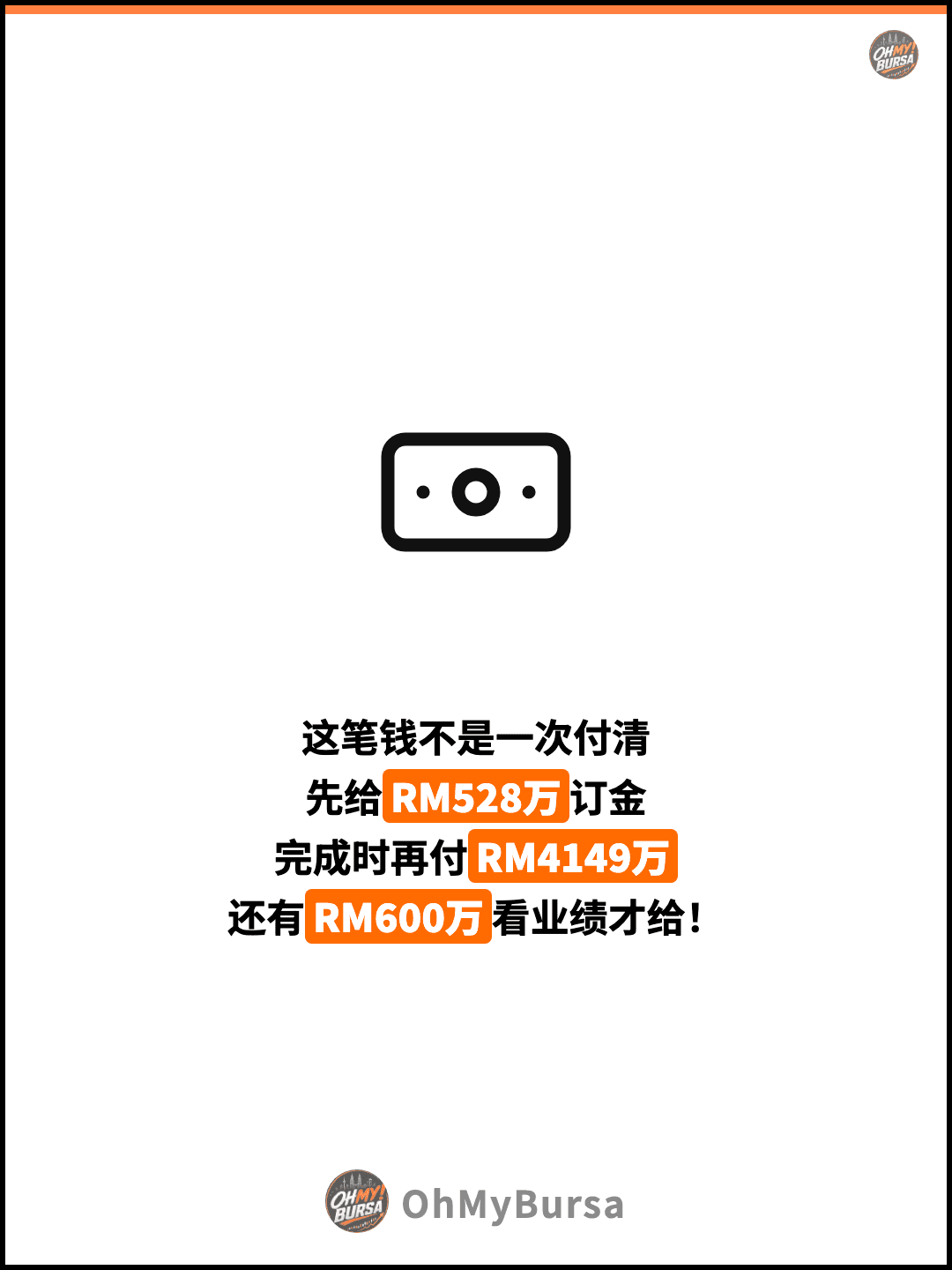 这笔钱不是一次付清 先给RM528万订金 完成时再付RM4149万 还有RM600万看业绩才给！