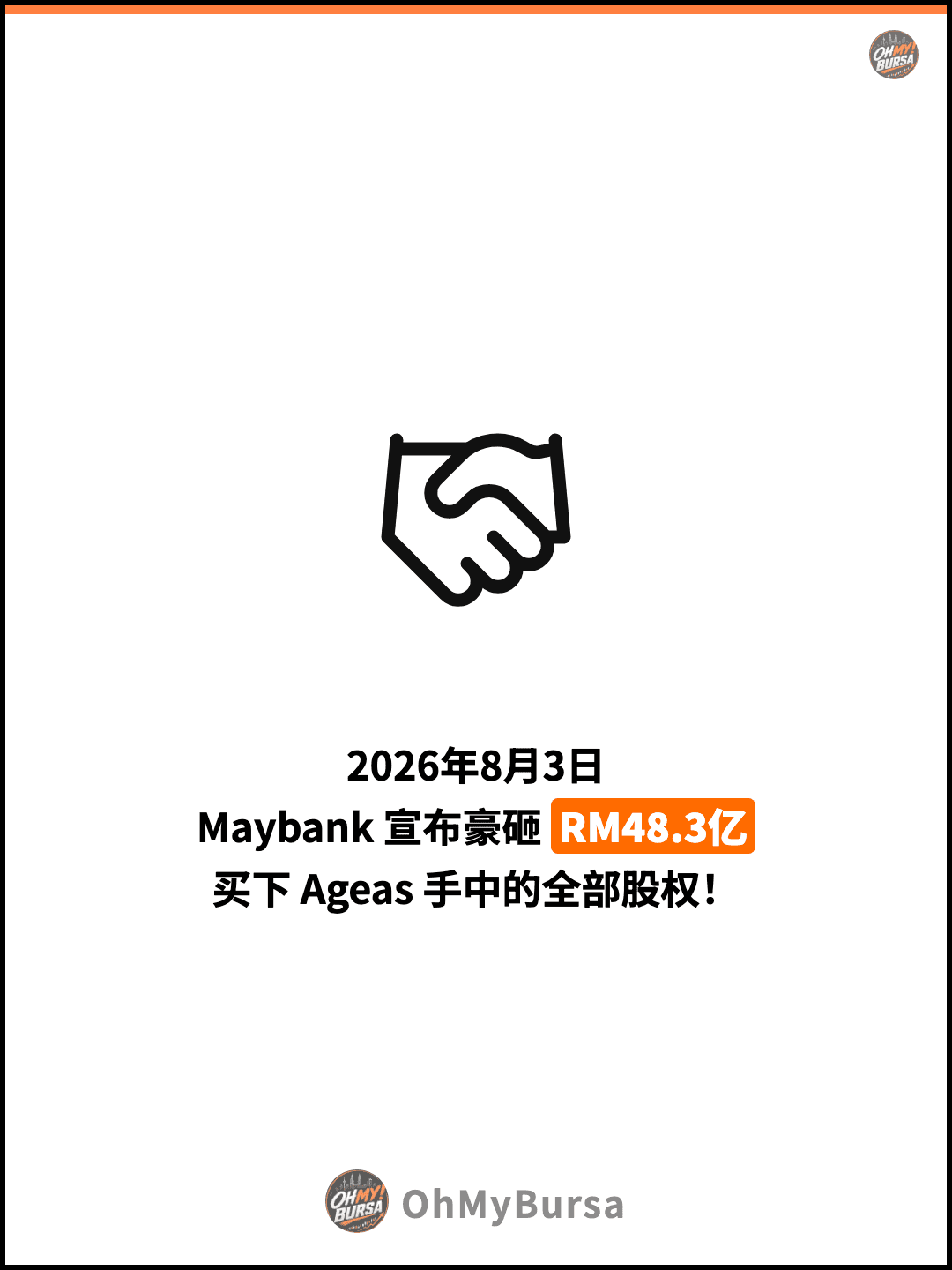 2026年8月3日 Maybank 宣布豪砸 RM48.3亿 买下 Ageas 手中的全部股权！