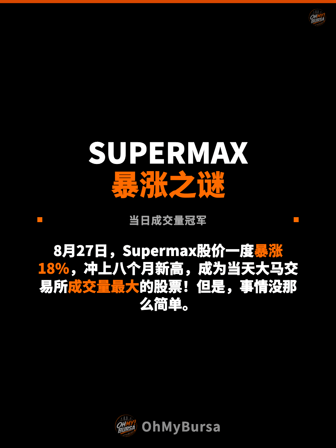 SUPERMAX 暴涨之谜 当日成交量冠军 8月27日，Supermax股价一度暴涨18%，冲上八个月新高，成为当天大马交易所成交量最大的股票！但是，事情没那么简单。