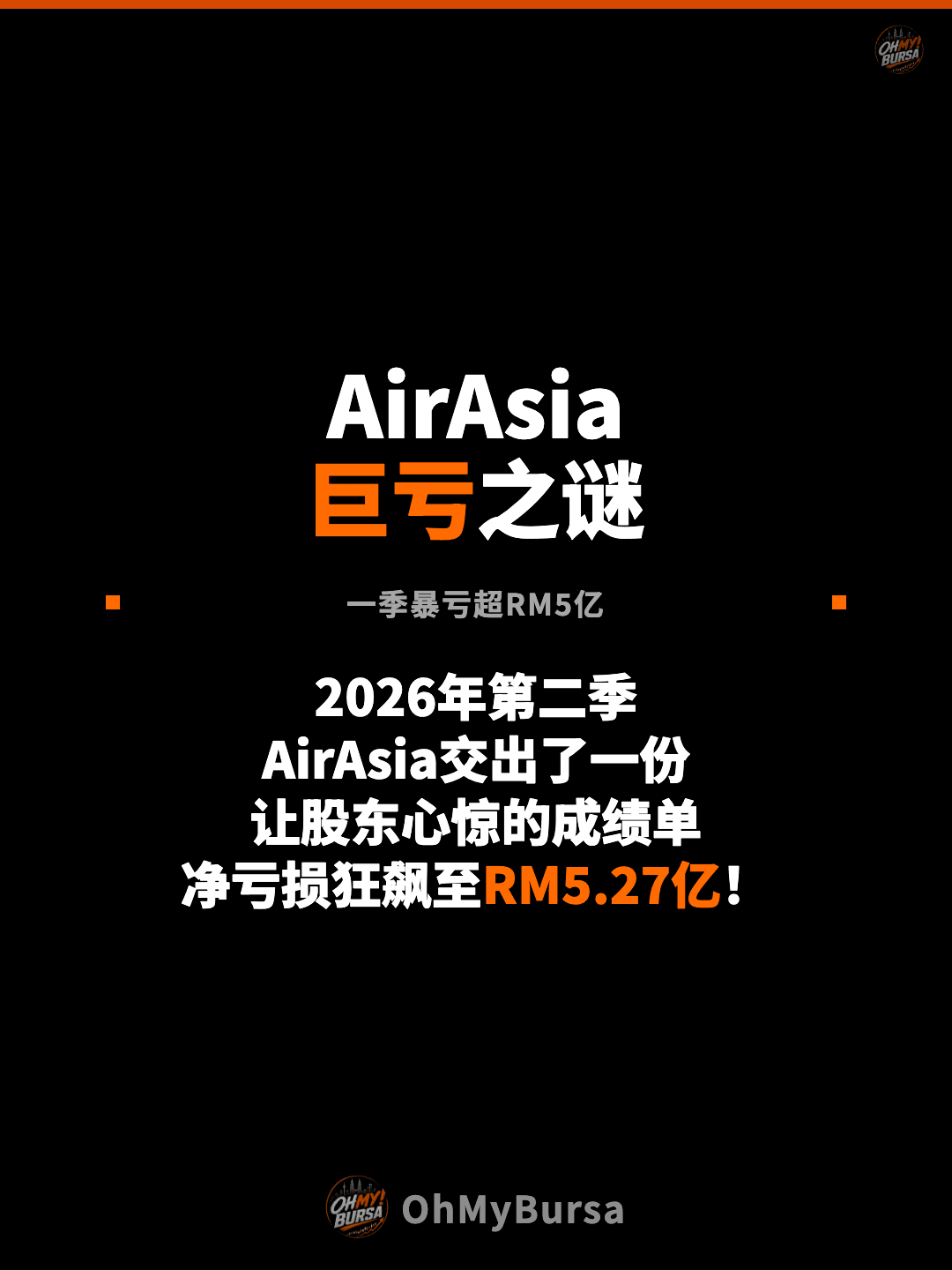 AirAsia 巨亏之谜 一季暴亏超RM5亿 2026年第二季 AirAsia交出了一份 让股东心惊的成绩单 净亏损狂飙至RM5.27亿！