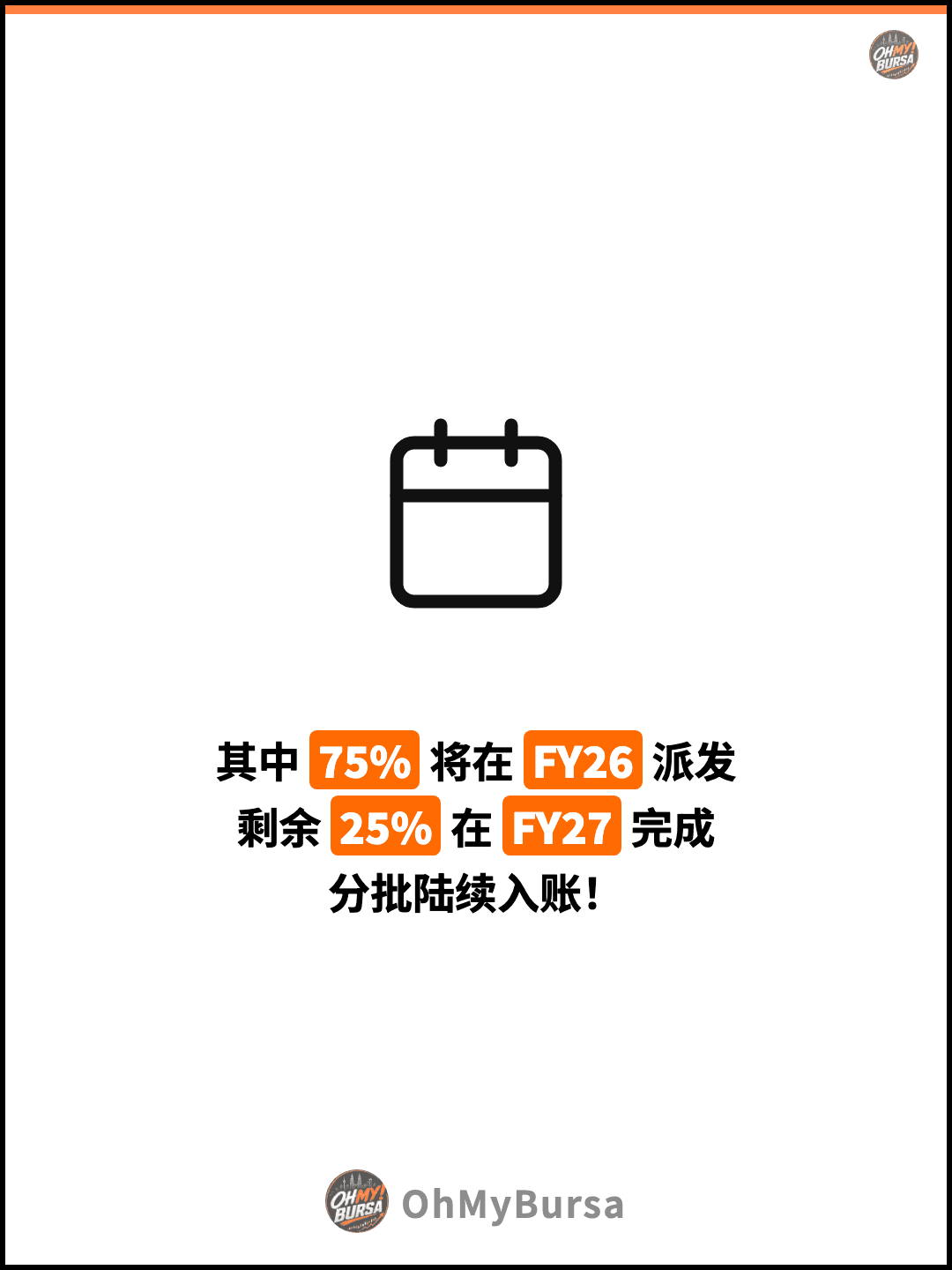 其中 75% 将在 FY26 派发 剩余 25% 在 FY27 完成 分批陆续入账！