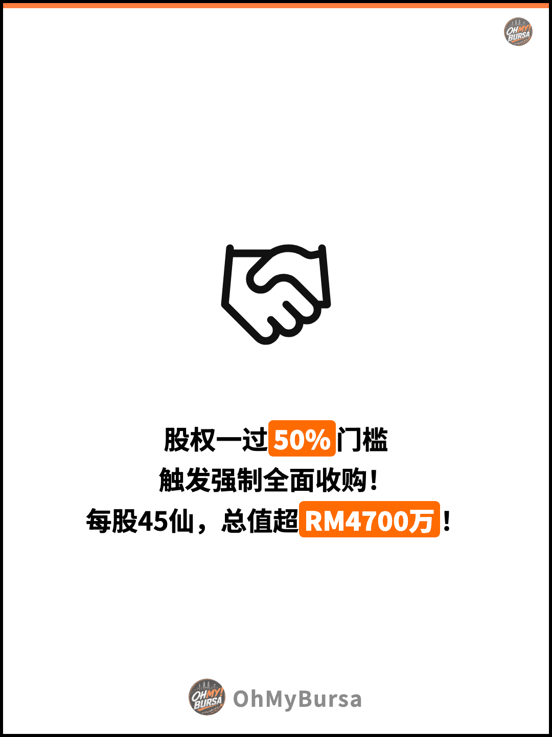 股权一过50%门槛 触发强制全面收购！ 每股45仙，总值超RM4700万！