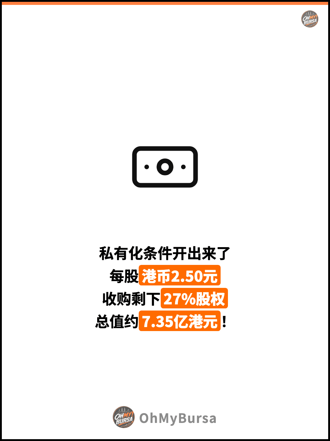 私有化条件开出来了 每股港币2.50元 收购剩下27%股权 总值约7.35亿港元！