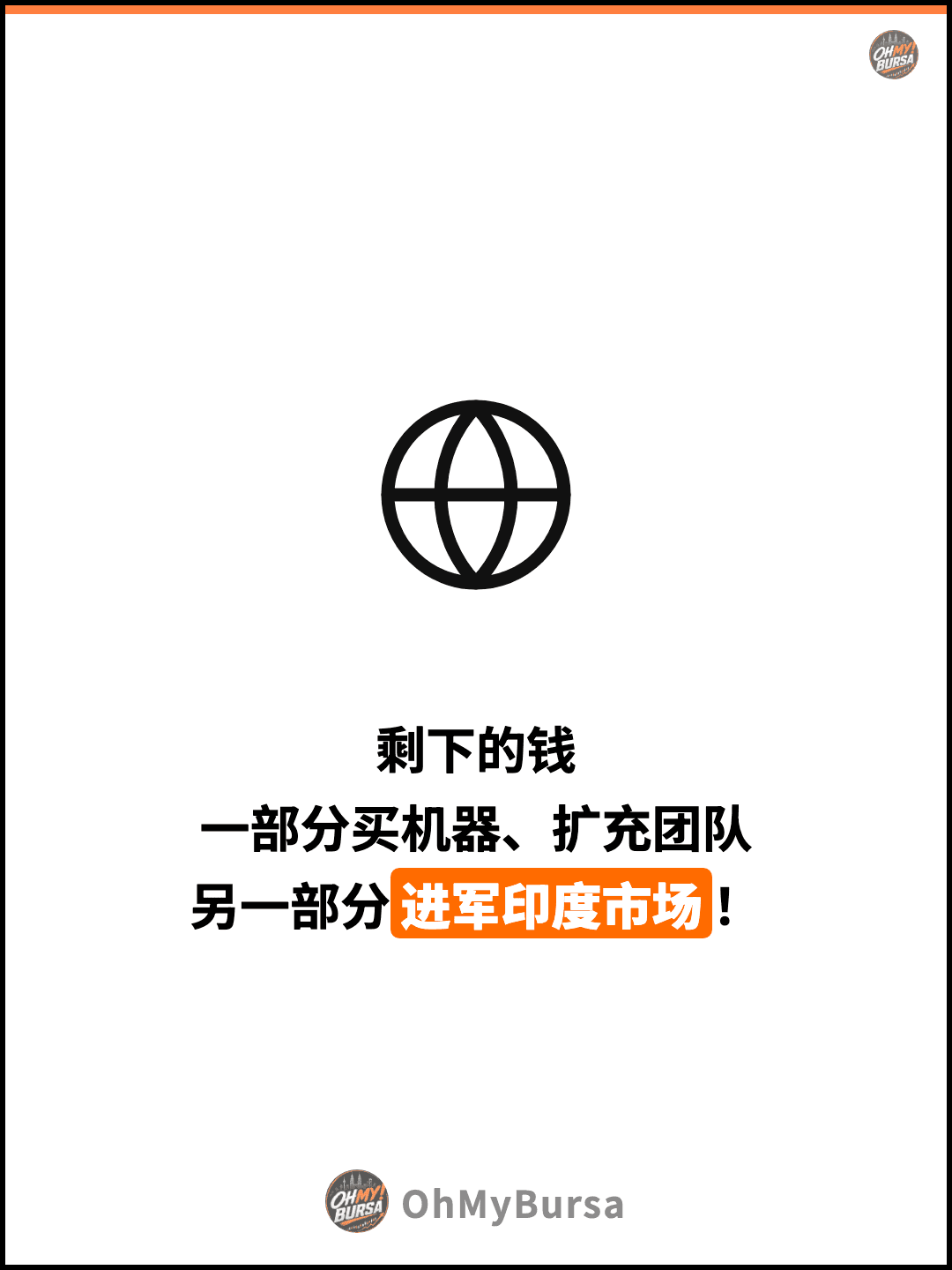 剩下的钱 一部分买机器、扩充团队 另一部分进军印度市场！