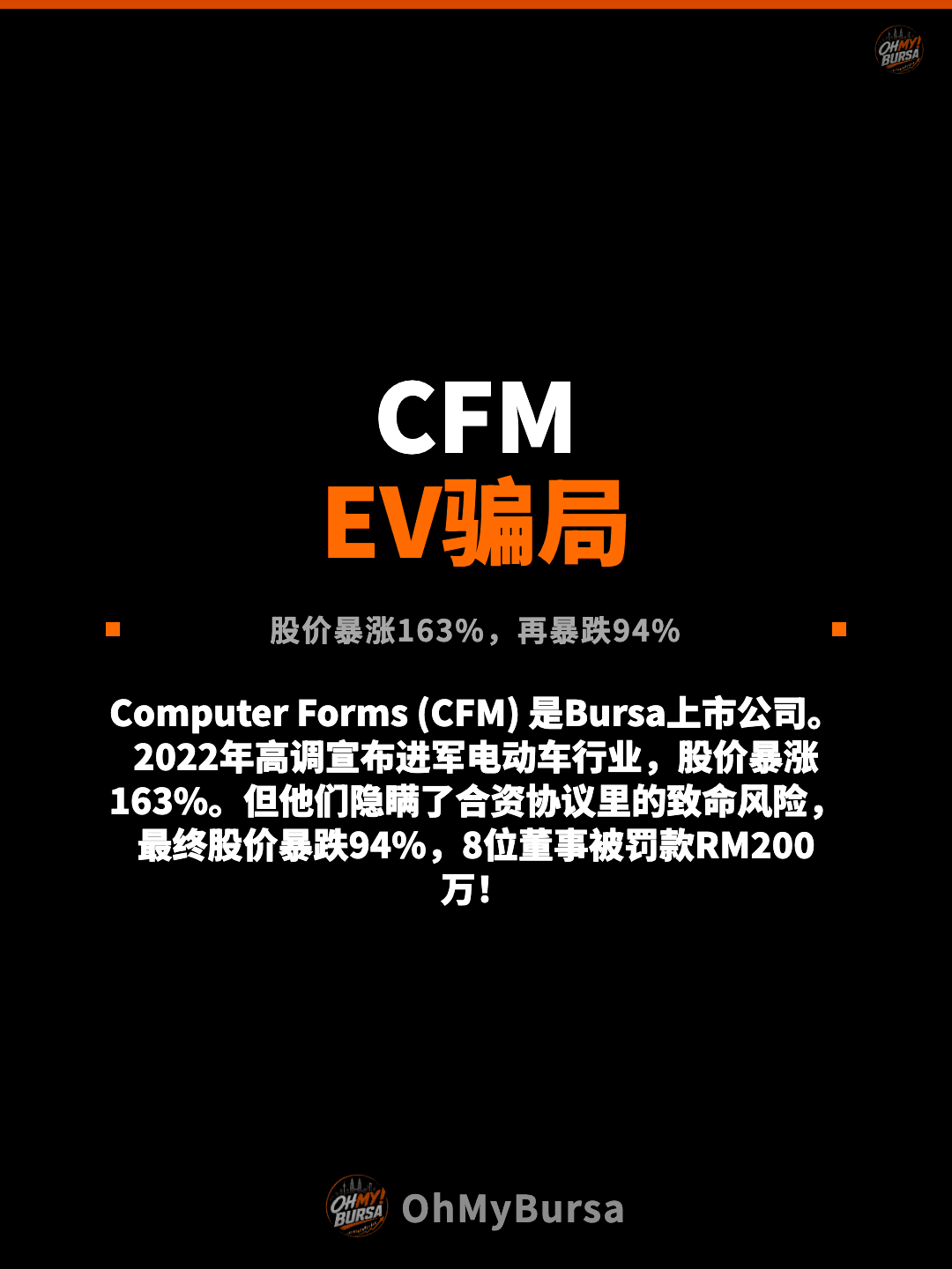 CFM EV骗局 股价暴涨163%，再暴跌94% Computer Forms (CFM) 是Bursa上市公司。2022年高调宣布进军电动车行业，股价暴涨163%。但他们隐瞒了合资协议里的致命风险，最终股价暴跌94%，8位董事被罚款RM200万！