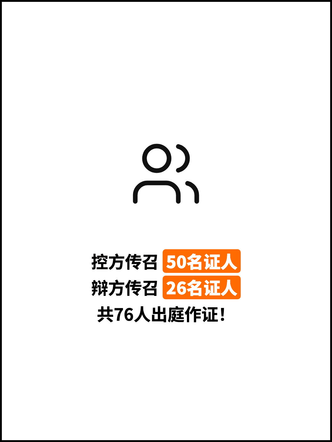 控方传召 50名证人 辩方传召 26名证人 共76人出庭作证！