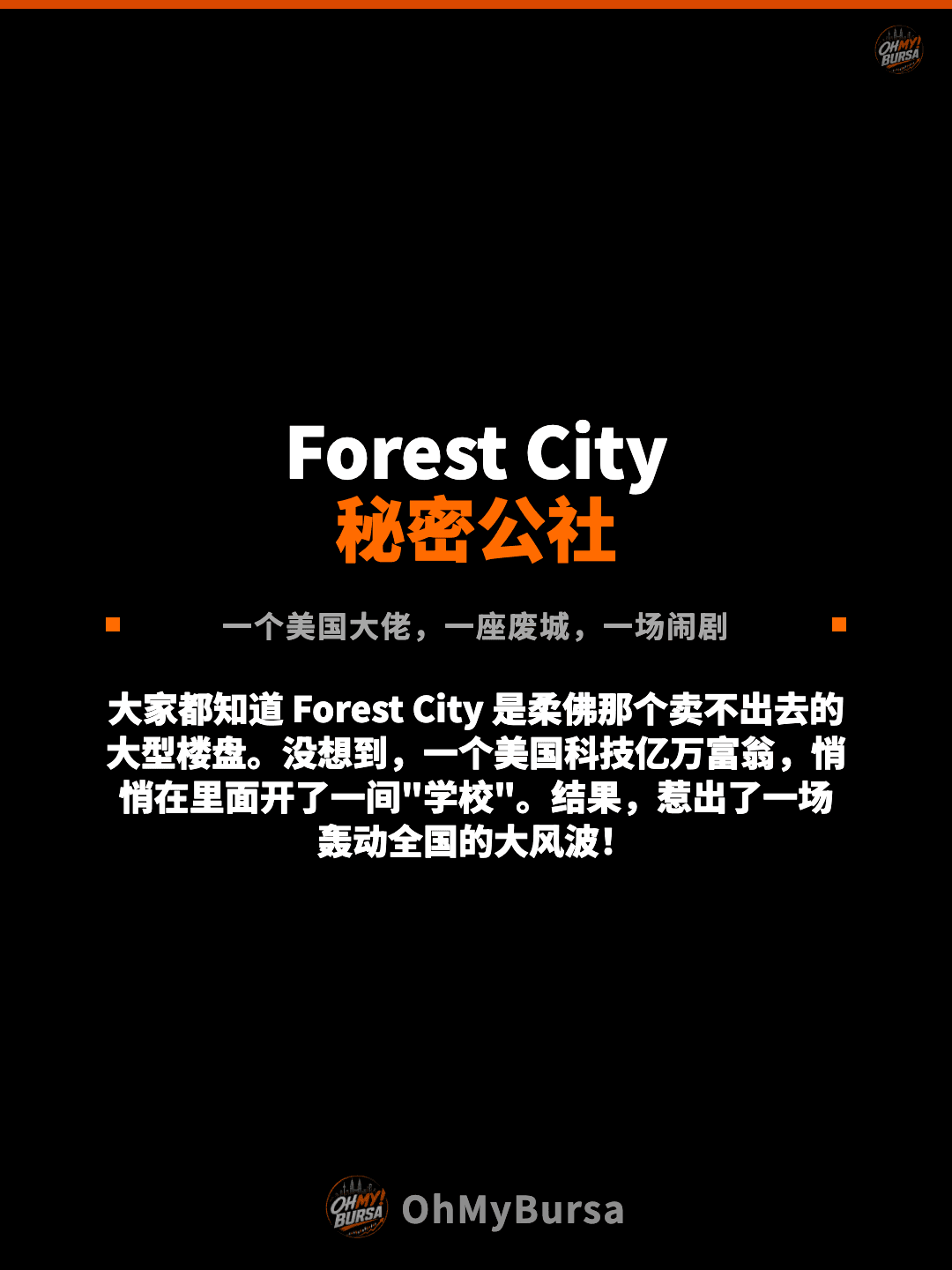 Forest City 秘密公社 一个美国大佬，一座废城，一场闹剧 大家都知道 Forest City 是柔佛那个卖不出去的大型楼盘。没想到，一个美国科技亿万富翁，悄悄在里面开了一间"学校"。结果，惹出了一场轰动全国的大风波！