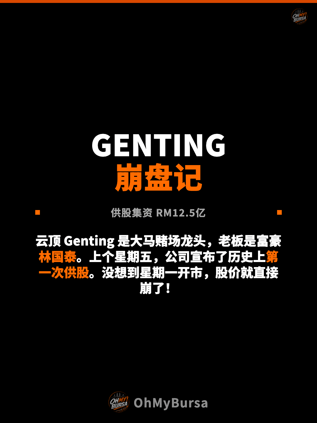 GENTING 崩盘记 供股集资 RM12.5亿 云顶 Genting 是大马赌场龙头，老板是富豪林国泰。上个星期五，公司宣布了历史上第一次供股。没想到星期一开市，股价就直接崩了！